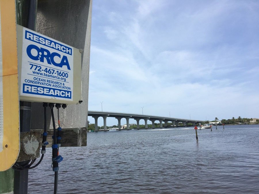 View of ORCA Research sign and phone number on a post in the Indian River Lagoon